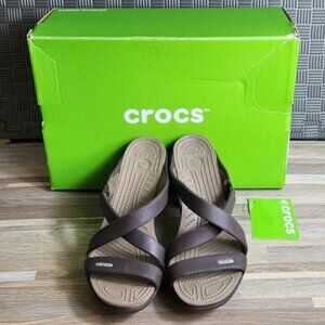 Crocs Women's Leigh Wedge Sandals 9 Wide Bronze Dual Comfort Fashion Shoes Box